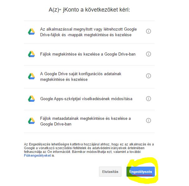 Jóváhagyás a jKontó és Google Drive együttműködésére